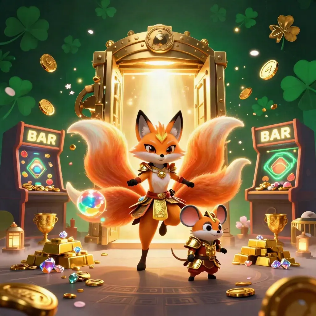Nine-tailed fox spirit and armored mouse amid exploding vault riches, slots, and neon casino lights.