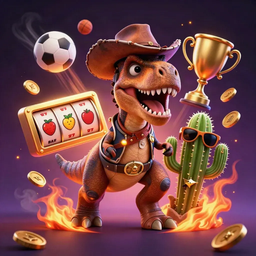 Cowboy T-Rex, cactus sidekick, and roadrunner amid casino reels, coins, and sports balls