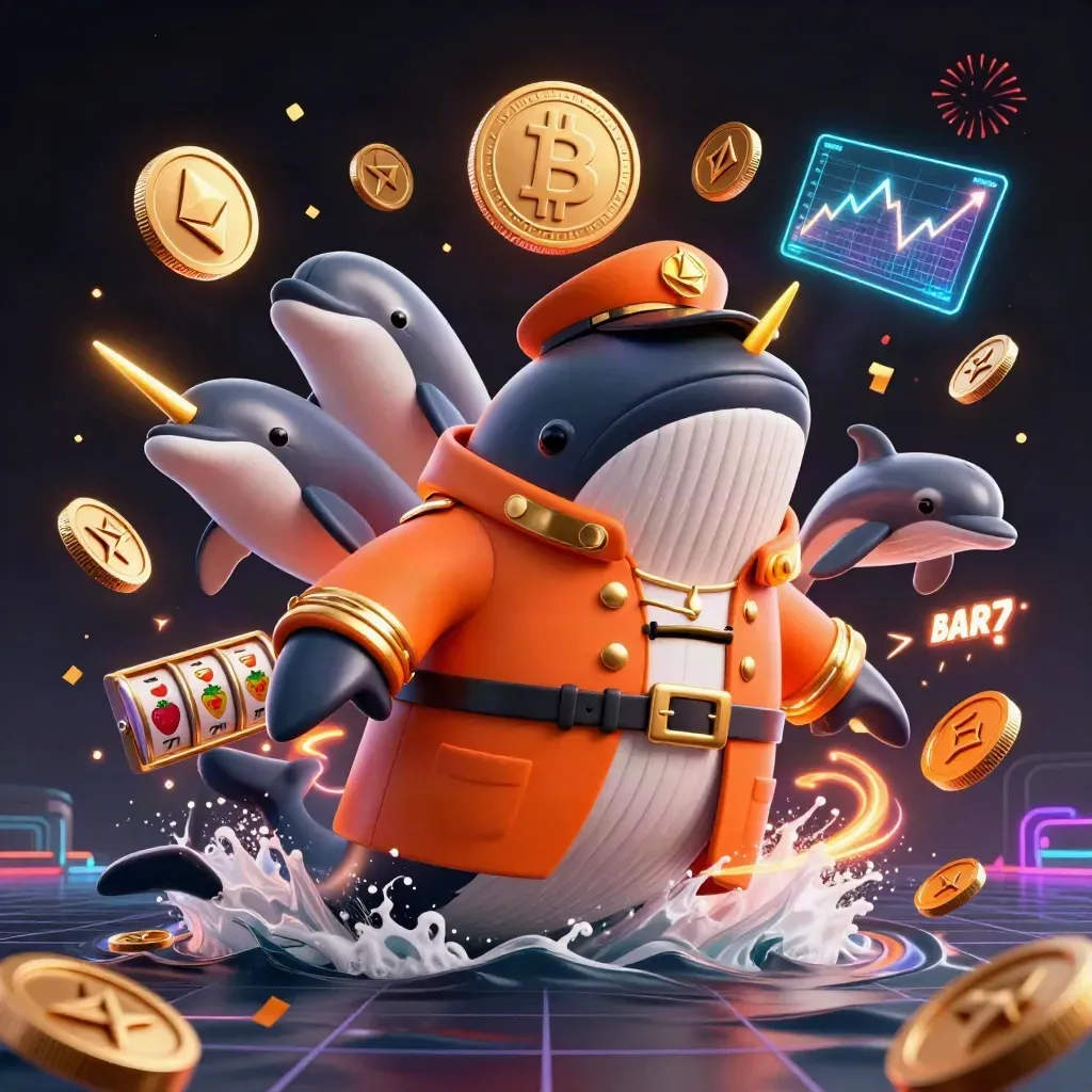 Whale captain, narwhal and dolphins burst through neon coins with slot reels and casino effects.