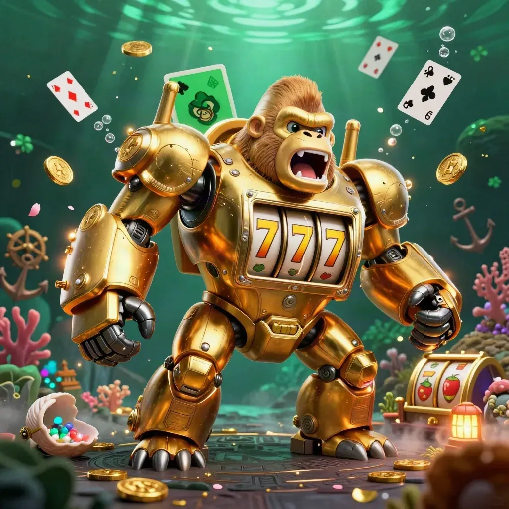 Golden gorilla slot mech with tiny monkey pilot amid treasure cove, reels, coins, coral and emerald glow.