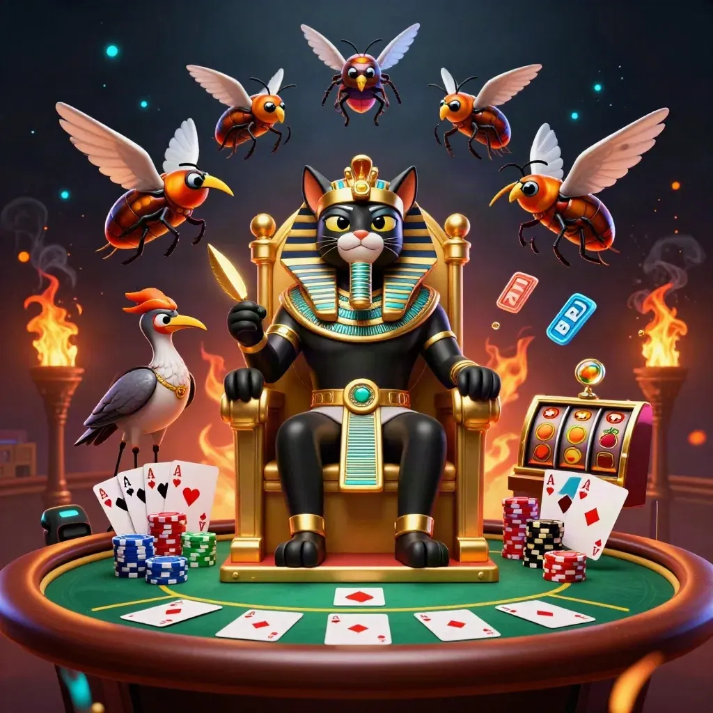Pharaoh cat, ibis scribe, and scarabs amid casino chips, poker cards, and glowing slot reels.