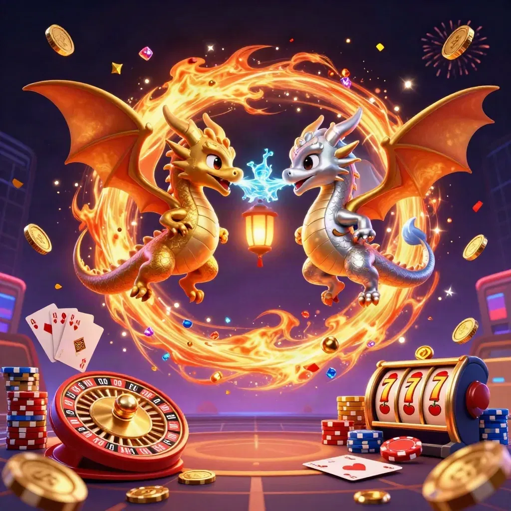 Twin gold and silver dragons swirling with coins, cards, chips, and neon casino energy.
