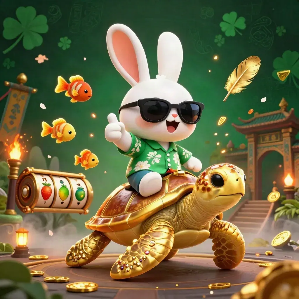 Lucky rabbit on a gold sea turtle amid reels, coins, temple gate, and neon casino lights