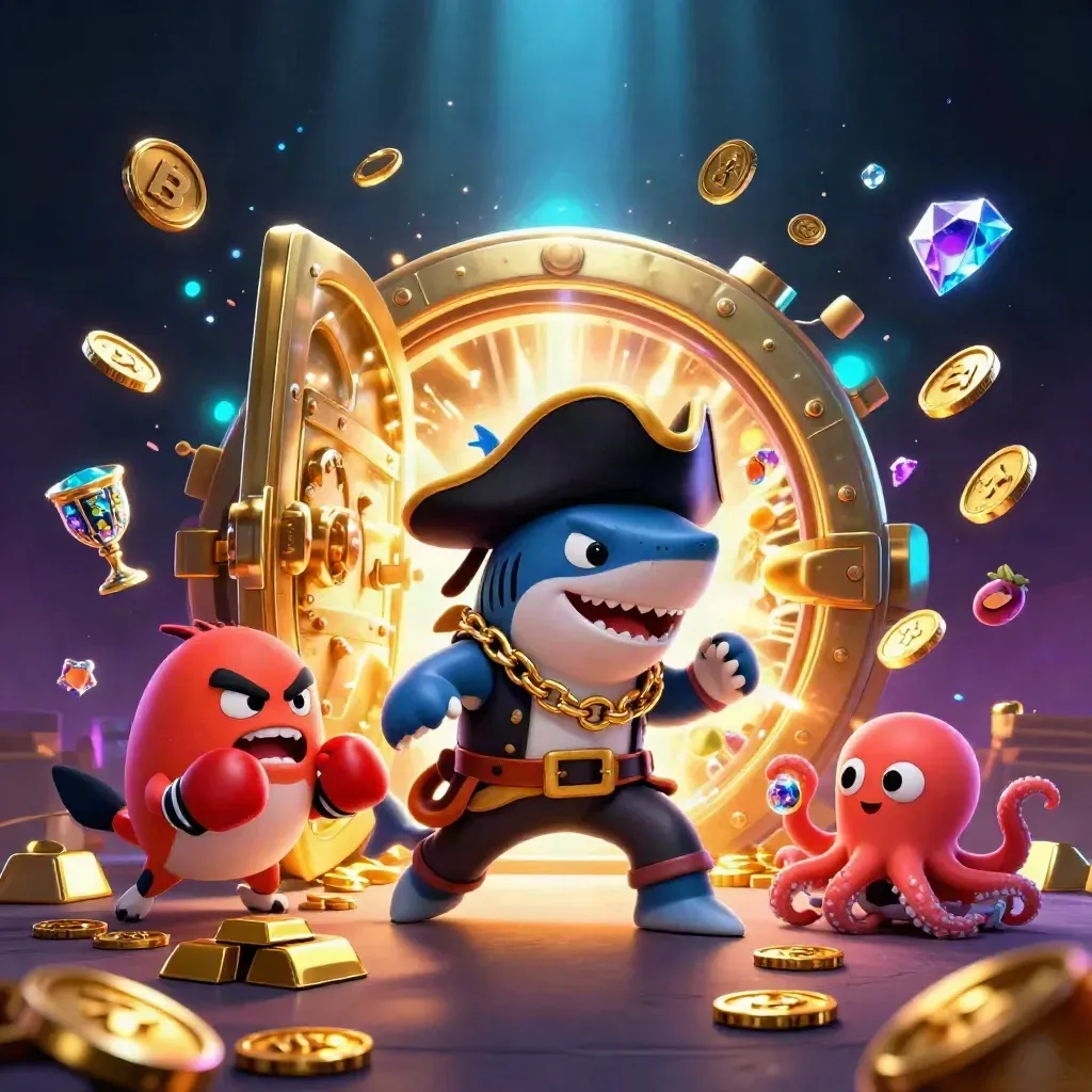 Shark pirate, boxing pufferfish, and juggling octopus explode from a glowing treasure vault.