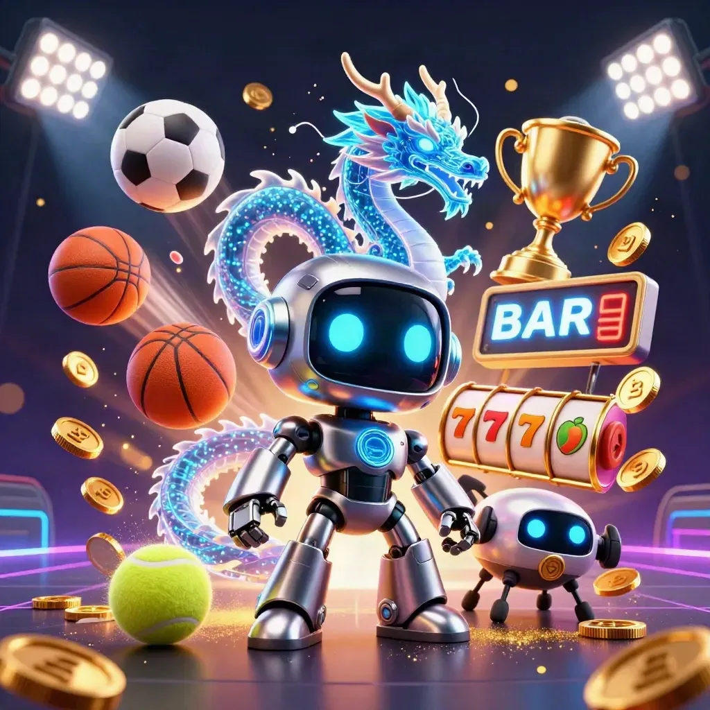 Cyberpunk robot, holographic dragon and coin drone amid coins, balls, trophy, reels and neon glow.