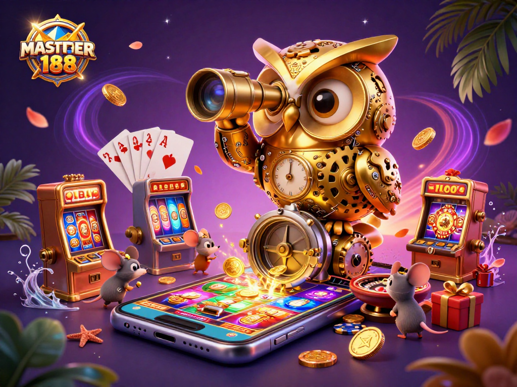 Players immerse in games at MASTER188, featuring a lively scene with an animated owl and vibrant casino elements.