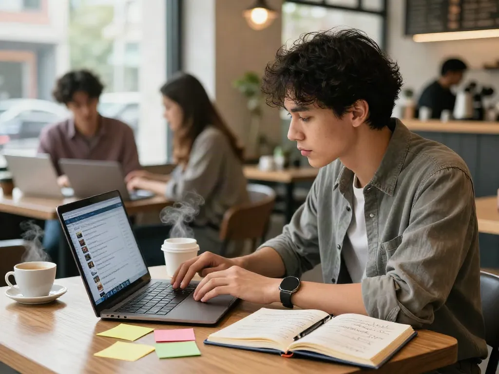 หางาน in a modern café with a young professional focused on job listings, showcasing a vibrant atmosphere.