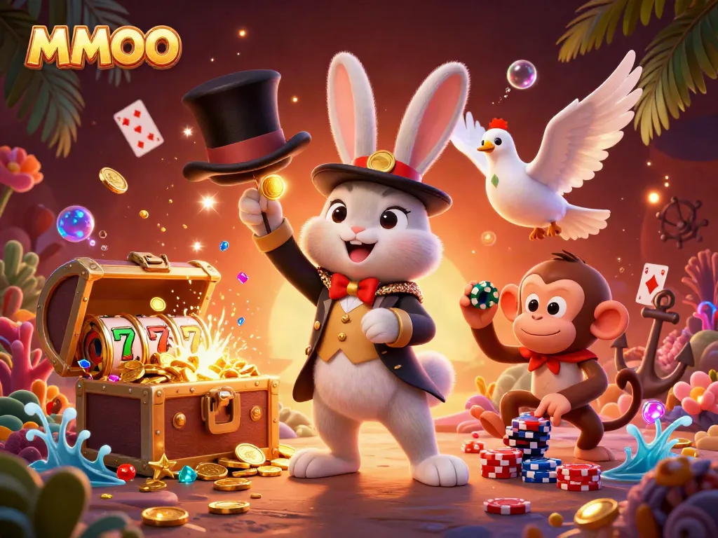 Experience the thrill of MMOO with a magician rabbit and vibrant casino elements.