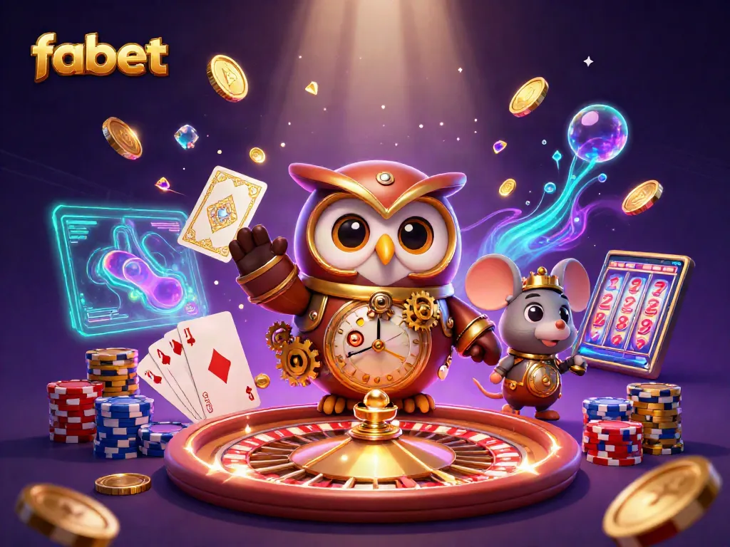 Experience fabet's dynamic casino scene with an owl and mouse amidst vibrant casino elements.