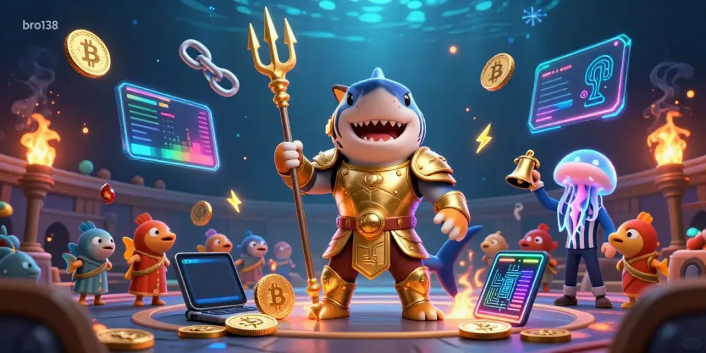 Experience thrilling gameplay with bro138 in this vibrant underwater colosseum featuring a tiger shark in gladiator armor.