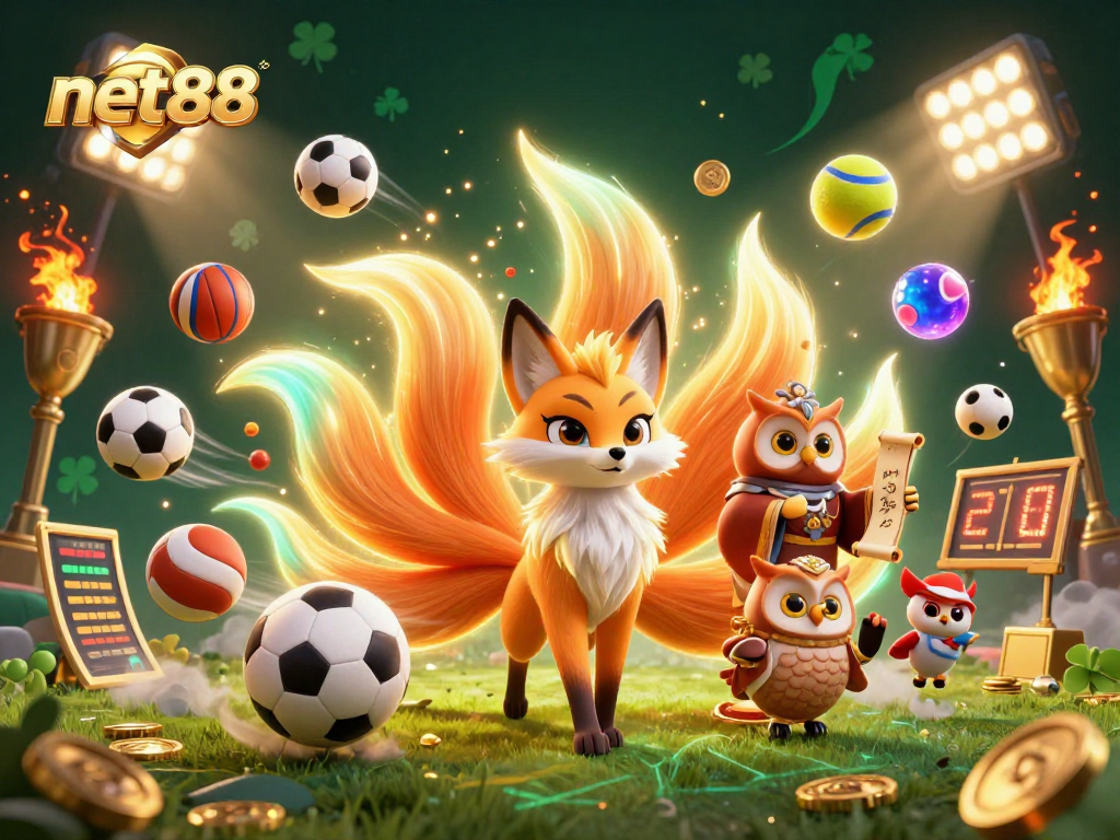 Experience vibrant sports betting action with net88’s dynamic gaming scene featuring a magical nine-tailed fox and wise owl.