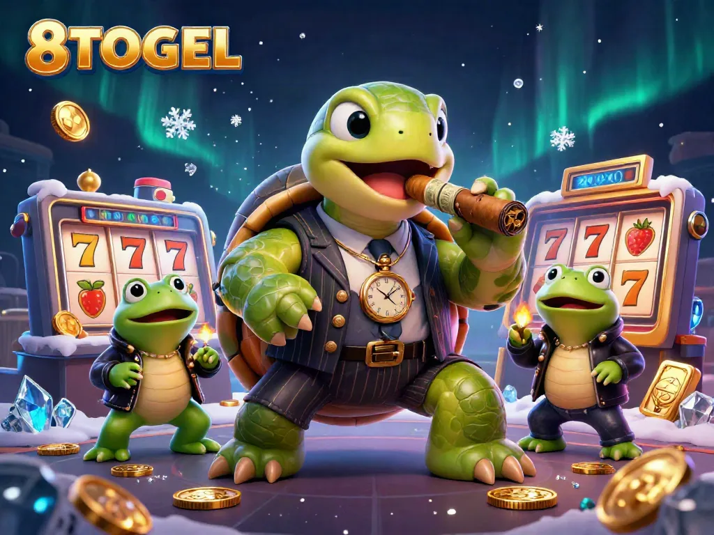 Experience thrilling gameplay at 8TOGEL with a vibrant scene featuring a snapping turtle and bullfrogs amidst colorful jackpots.