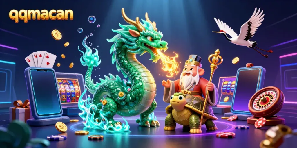 Experience thrilling gameplay at qqmacan with a vibrant 3D casino scene showcasing a jade dragon and mobile slots.