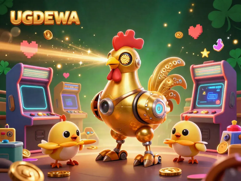 Engage with UGDEWA's latest casino events featuring a dynamic golden rooster robot and adorable flying baby chicks.