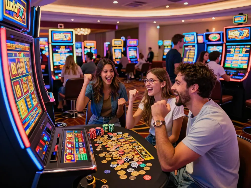 Exciting casino scene featuring friends celebrating a Lucky777 jackpot with colorful lights and tokens.