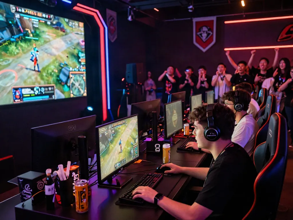 Suasana kompetisi gaming badak168 di arena esports dengan gamer fokus dan penonton antusias.