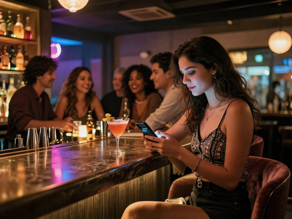 Người phụ nữ trẻ trong bar sang trọng, thể hiện phong cách gái gọi.