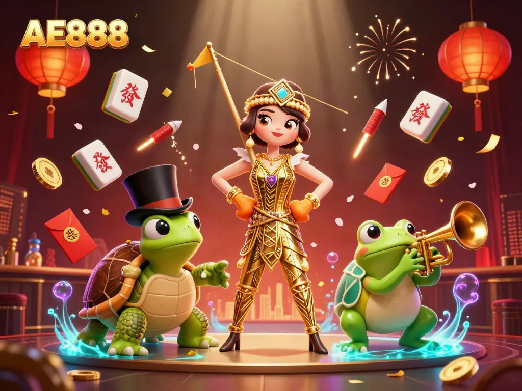 Experience AE888's vibrant gaming atmosphere with entertaining characters and dynamic elements in this rich illustration.