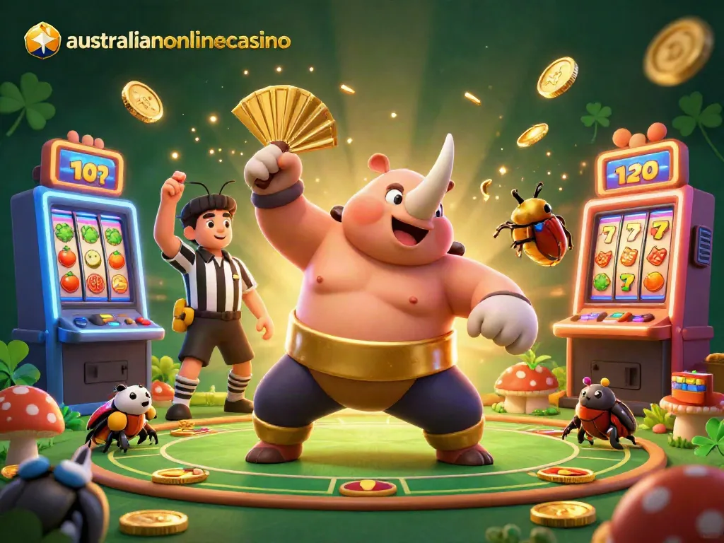 A lively 3D scene showcasing a rhinoceros beetle sumo champion celebrating at australianonlinecasino, surrounded by slot machines and poker elements.