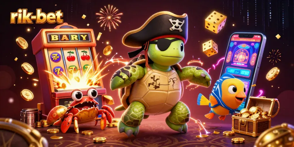 Experience thrilling wins at rik-bet with 3D characters celebrating above casino treasures.