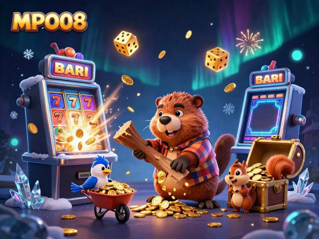 MPO08 features a playful cartoon scene with a beaver, bird, and squirrel amidst falling gold coins from a jackpot slot machine.