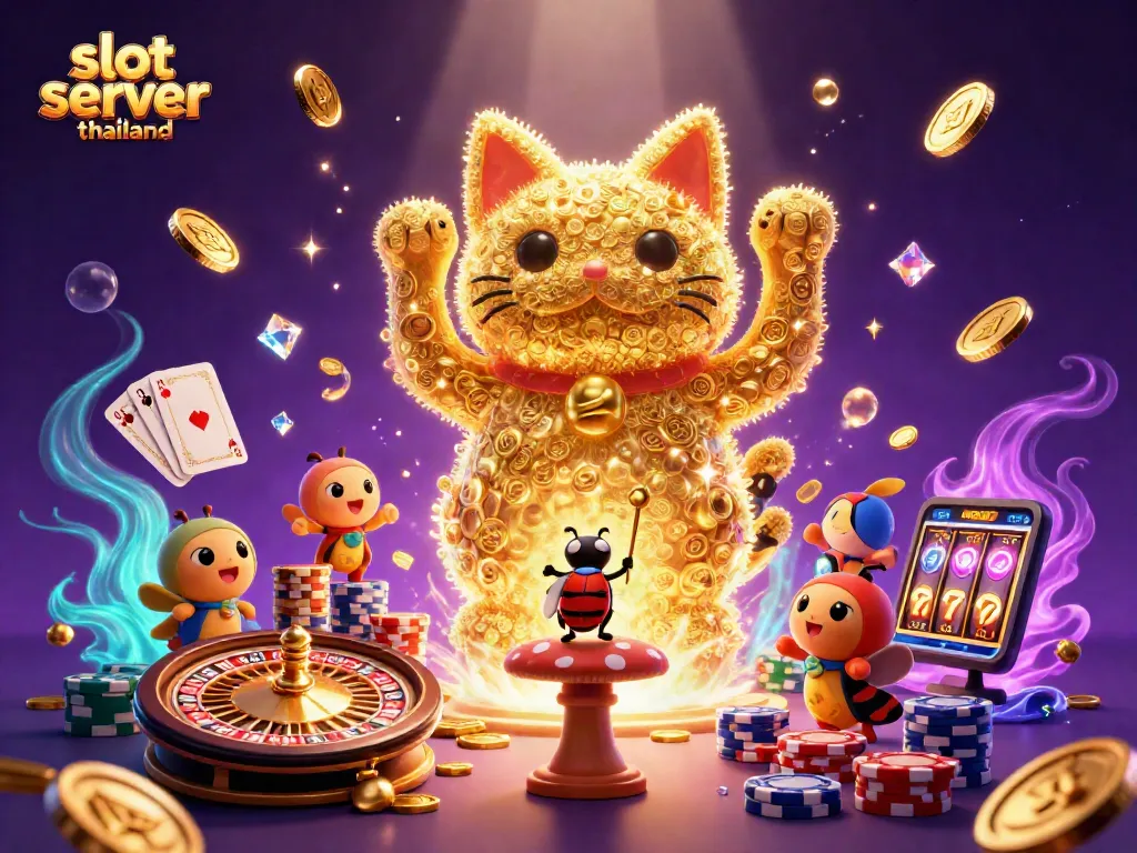 Experience excitement with slot server thailand as a lucky cat made of fireflies showcases vibrant casino elements.