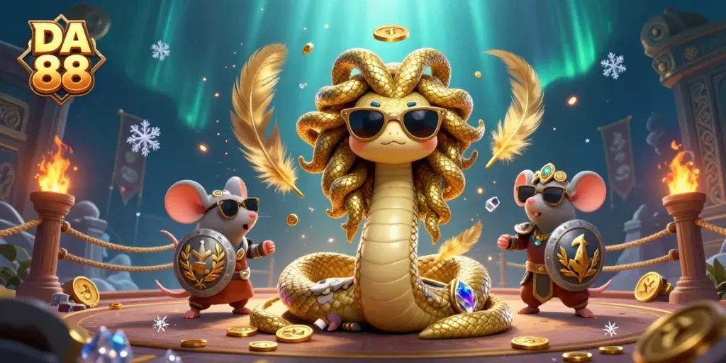 Engage with DA 88 in a vibrant casino scene featuring cute characters and dynamic game elements.