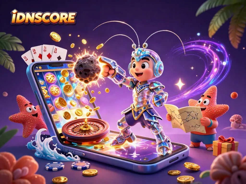 IDNSCORE showcases a dynamic scene with a galactic samurai shrimp breaking through an asteroid and golden gems