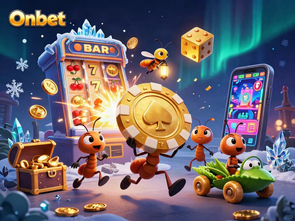 Experience Onbet's thrilling heist scene with animated ants carrying a golden poker chip amidst casino extravaganza.