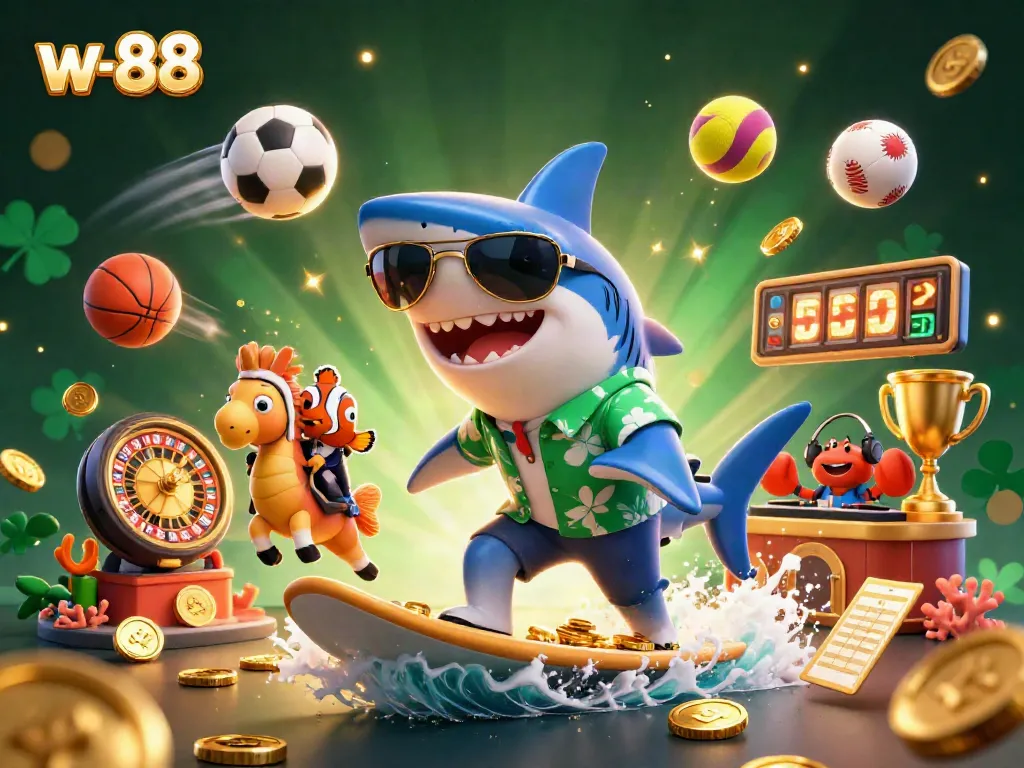 Experience the thrill of w-88 with our vibrant casino-themed illustration featuring a shark and friends surfing on gold coins.
