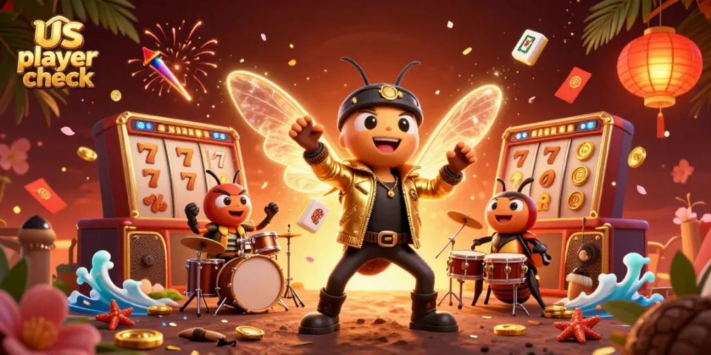 Experience the excitement at us player check with vibrant casino-themed illustration featuring a rock star cicada and dynamic game elements.