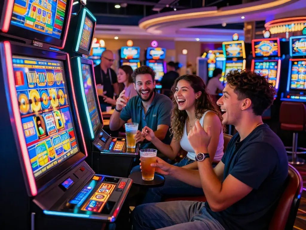 Group enjoying a slot demo at a lively casino with colorful reels and neon lights.
