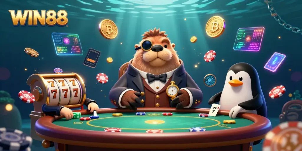 Experience thrilling gameplay at WIN88 with a vibrant underwater poker scene featuring charming characters.