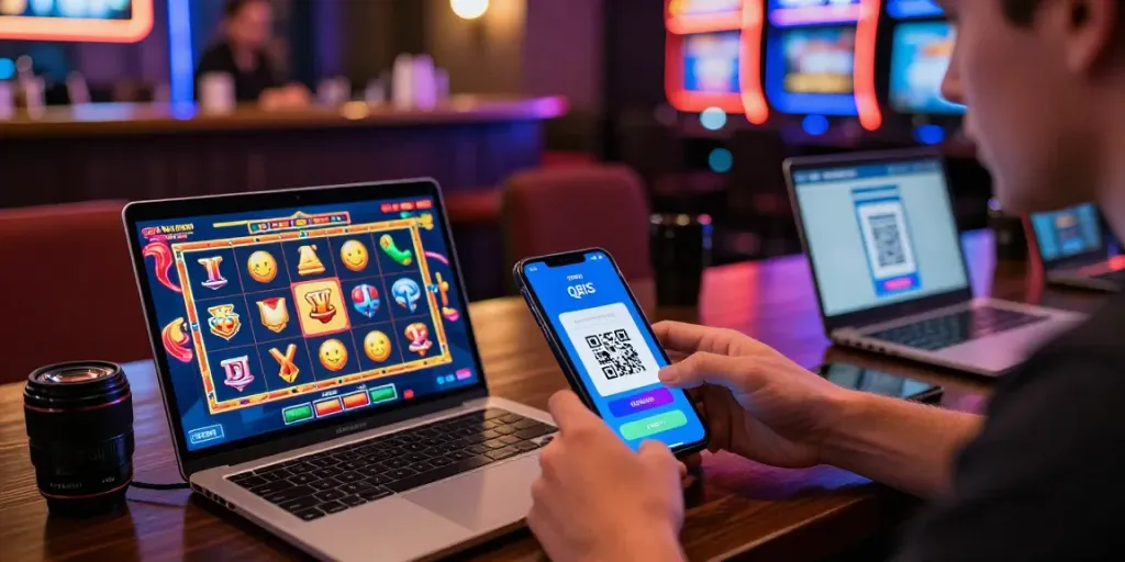 Exciting online casino scene with a player preparing for a slot deposit qris using a mobile device in a vibrant gaming atmosphere.