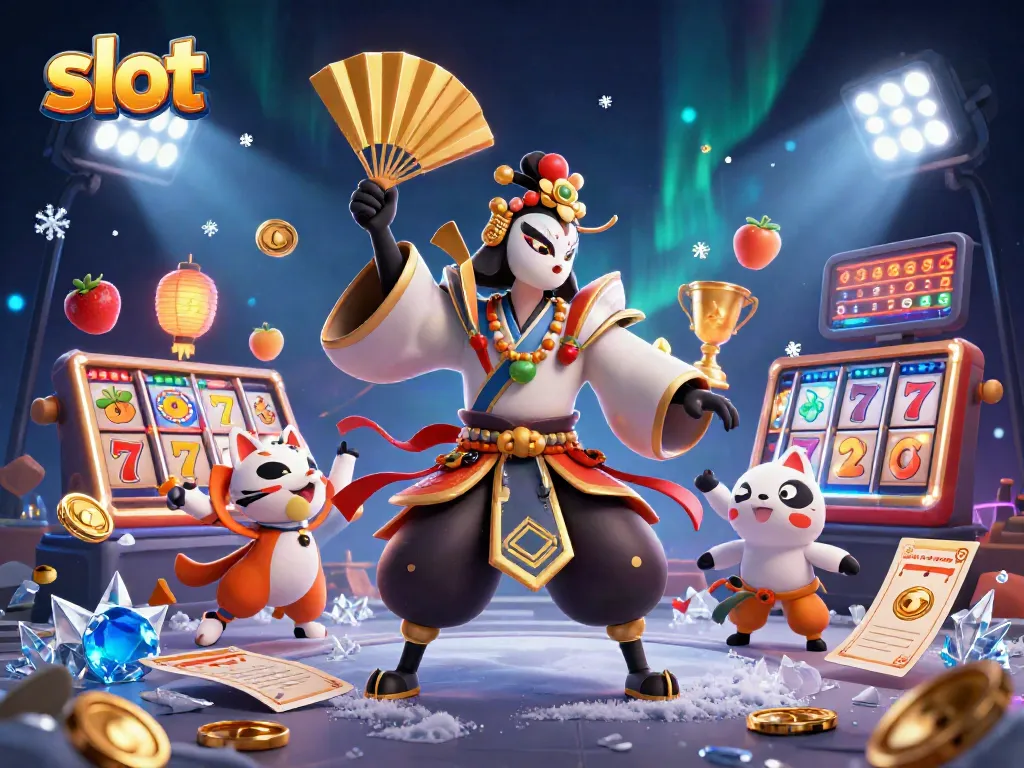 Kumpulkan slot dengan karakter kabuki dan simbol keberuntungan dalam ilustrasi kasino yang dinamis.