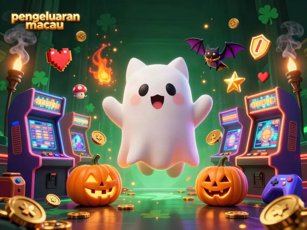 Experience pengeluaran macau in a haunted casino, with ghostly cats and vibrant game elements.