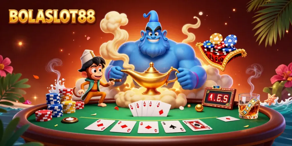 BOLASLOT88 showcases an exciting scene with a blue genie, monkey, and poker chips in a vibrant casino atmosphere.