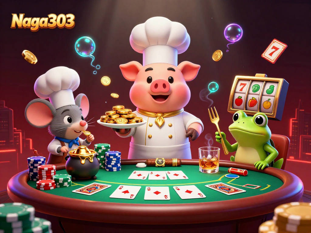 Naga303 menampilkan chef pig 3D yang menyajikan koin emas dalam suasana kasino yang meriah.
