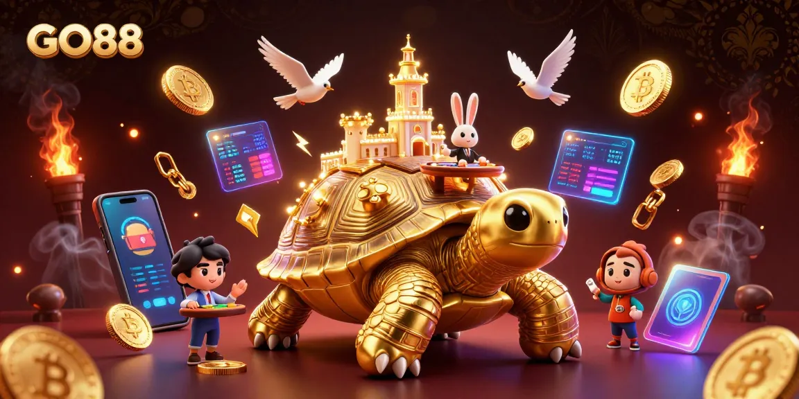 Engage with GO88's dynamic casino experience illustrated by vibrant characters and crypto elements.