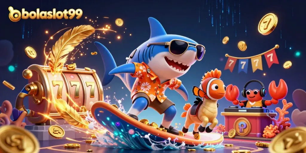 Bolaslot99 showcases a thrilling scene with characters celebrating big wins at a vibrant slot game.