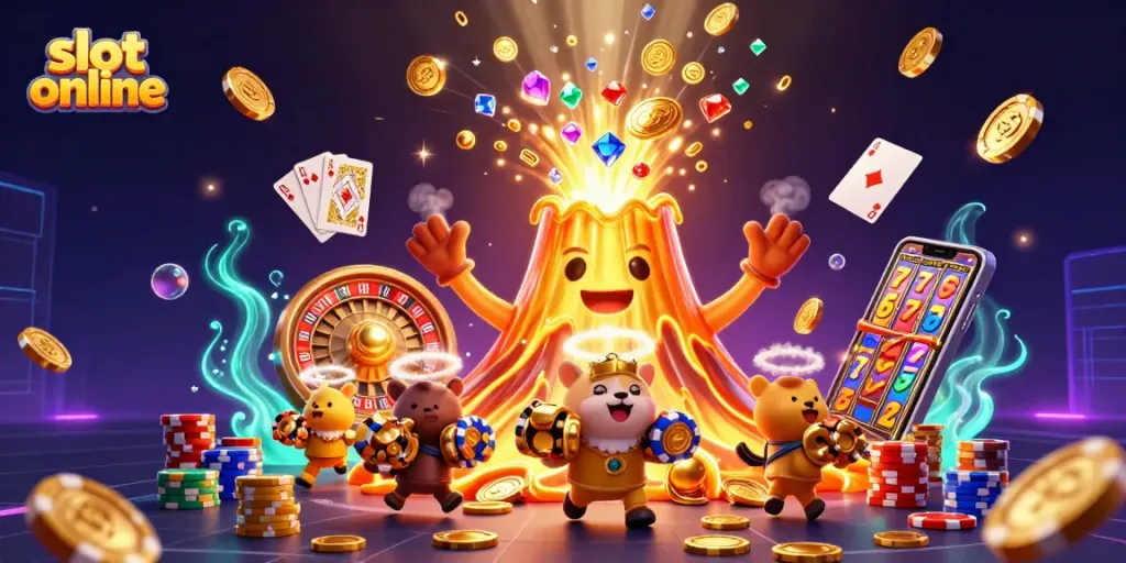 Experience thrilling slot online adventures with a golden volcano erupting treasure amid vibrant casino elements.