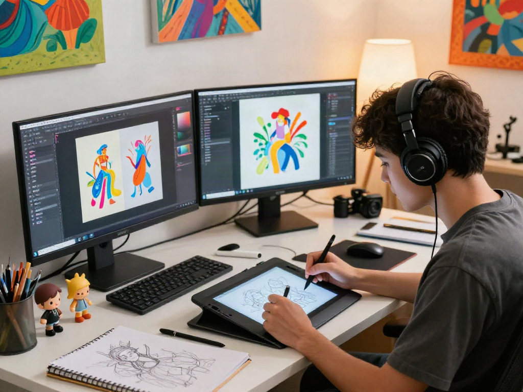 Creator using a porn ai generator tool to design digital art in a vibrant studio, showcasing creativity and technology.