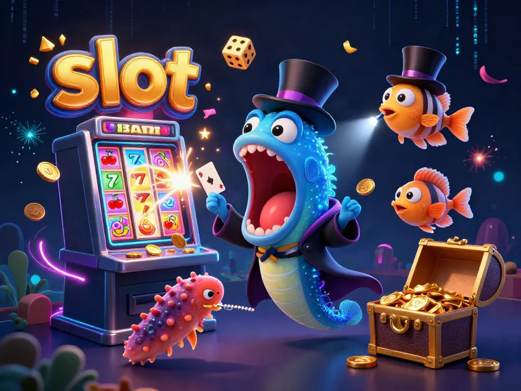 Slot machine jackpot scene with magical sea creatures performing tricks and colorful casino elements.