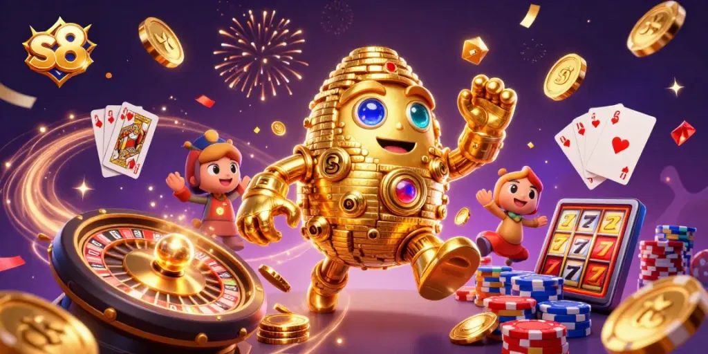 Spin the reels with s8's vibrant casino adventure featuring golden golems and festive winnings.