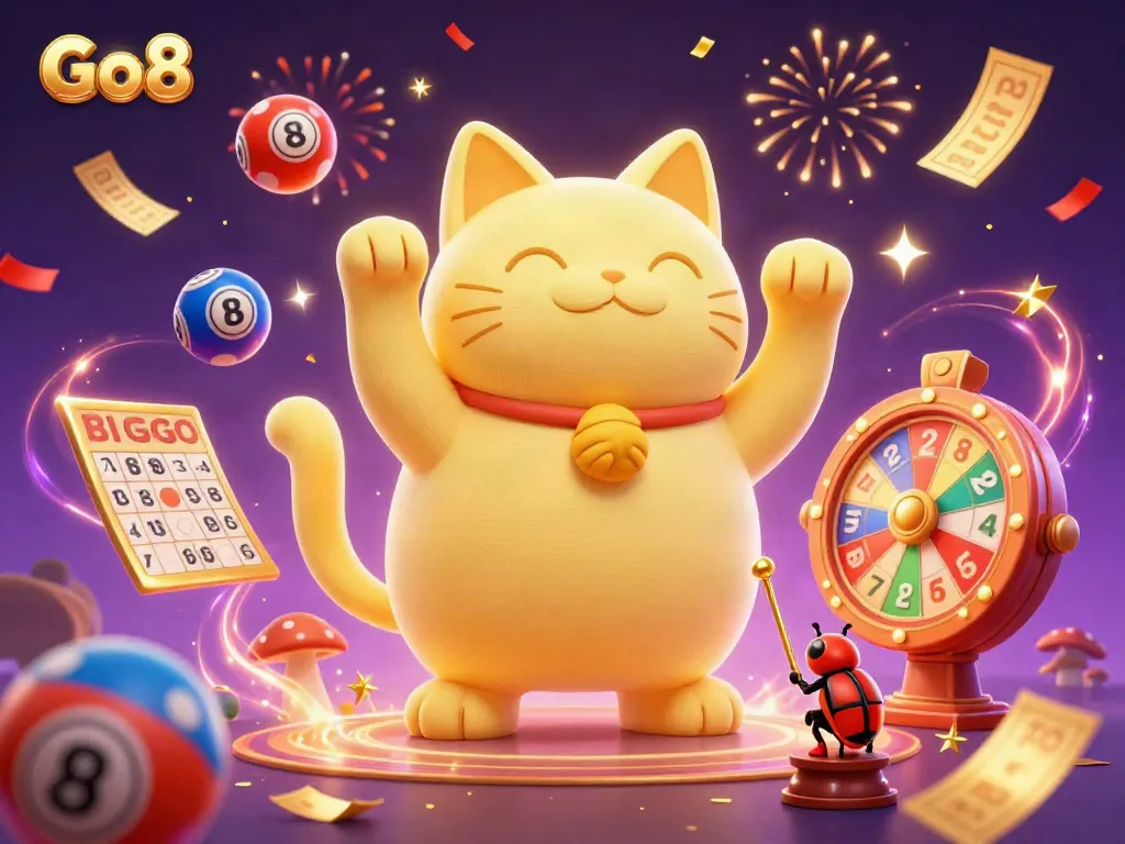 Experience thrilling wins at Go8 with a vibrant casino scene featuring a lucky cat, lottery balls, and exciting prizes.