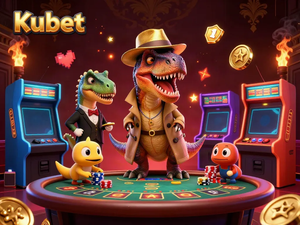 Kubet casino scene with a velociraptor card counter, stegosaurus pit boss, and compy pickpocket interacting in a vibrant, engaging environment.