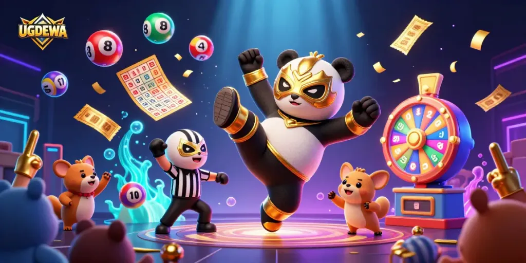 UGDEWA showcases thrilling lotto elements with a panda wrestler flying through colorful lottery balls.