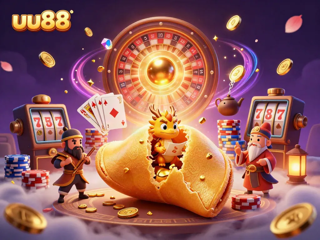 Win big at uu88 with a magical scene filled with fortune cookies and casino treasures.