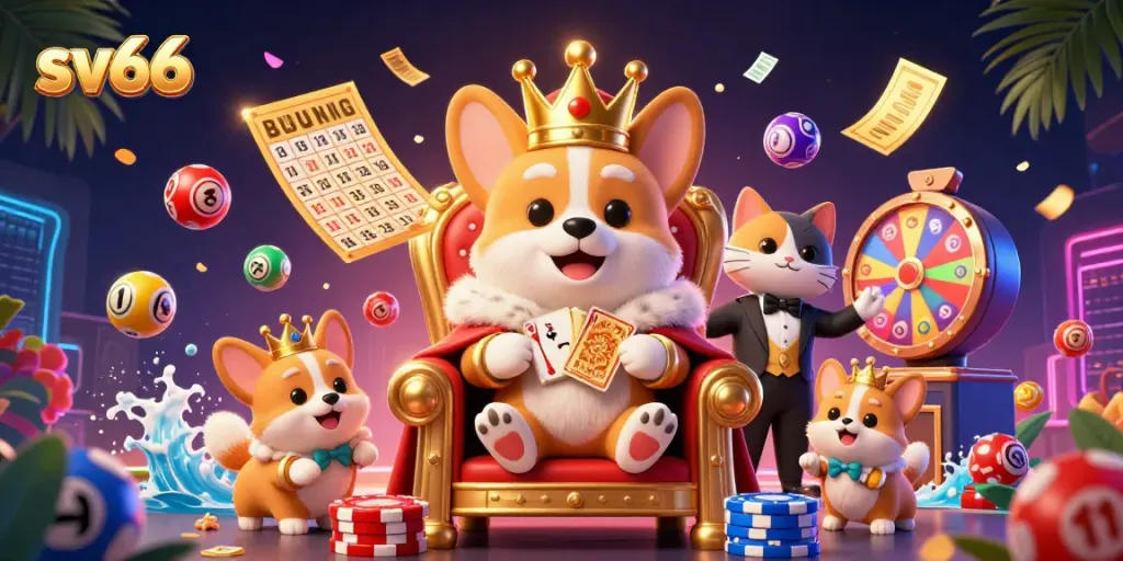 Experience excitement at SV66 with a vibrant 3D casino scene featuring a royal corgi and dynamic lottery elements.