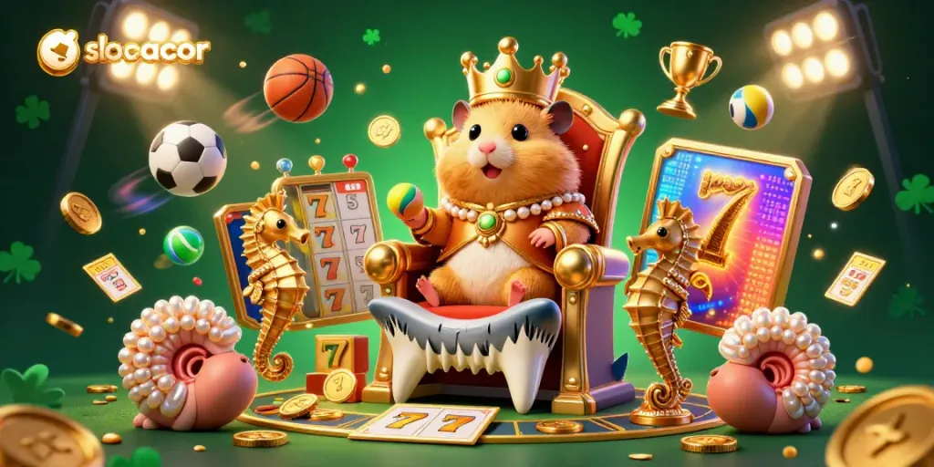 Slot gacor memenuhi layar dengan ilustrasi detail 3D, pemandangan cerah dan dinamis dari raja hamster di singgasana.